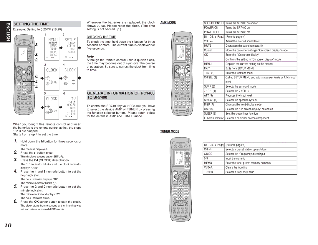 Marantz SR7400 manual Setting the Time, General Information of RC1400 