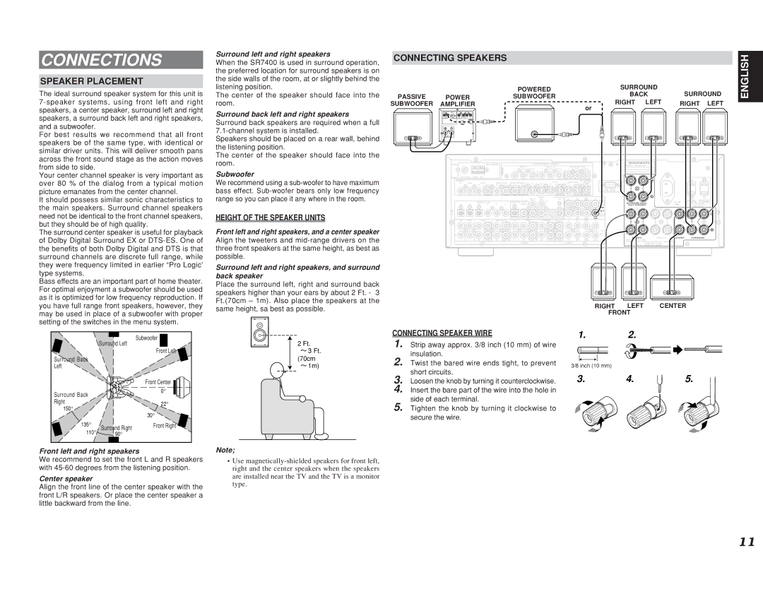 Marantz SR7400 manual Connections, Speaker Placement, Connecting Speakers 