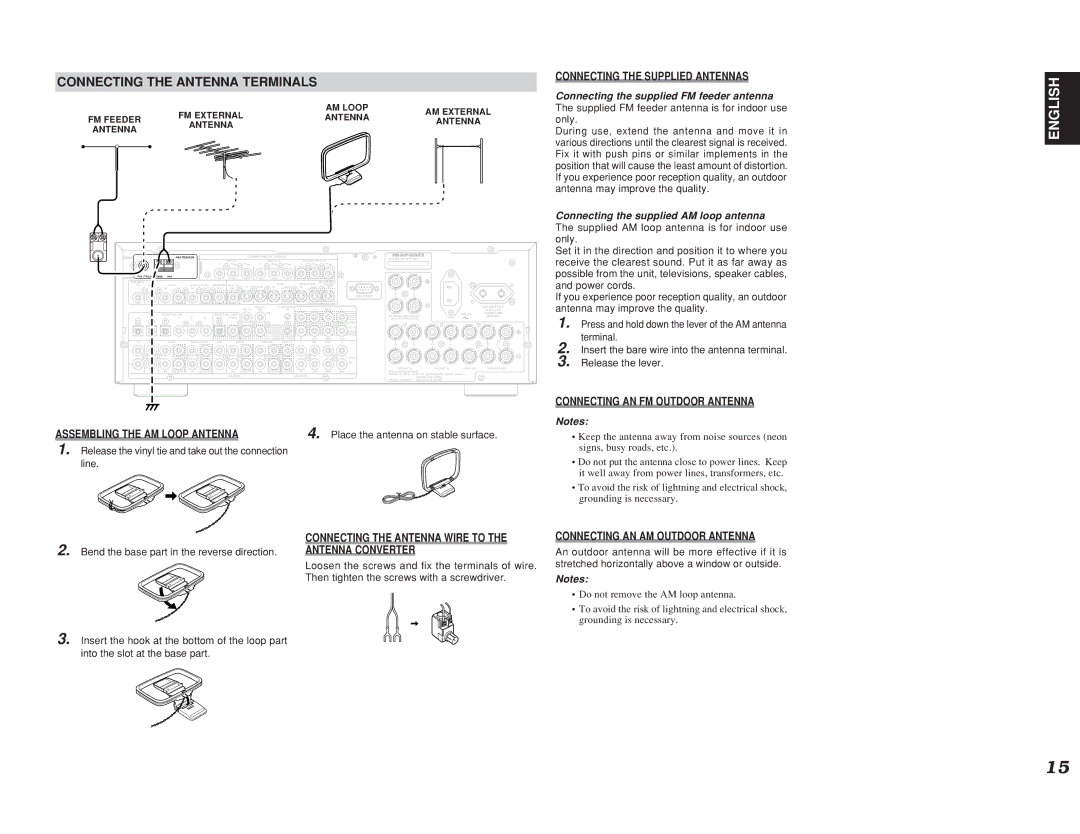 Marantz SR7400 manual Connecting the Antenna Terminals, Connecting the supplied AM loop antenna 