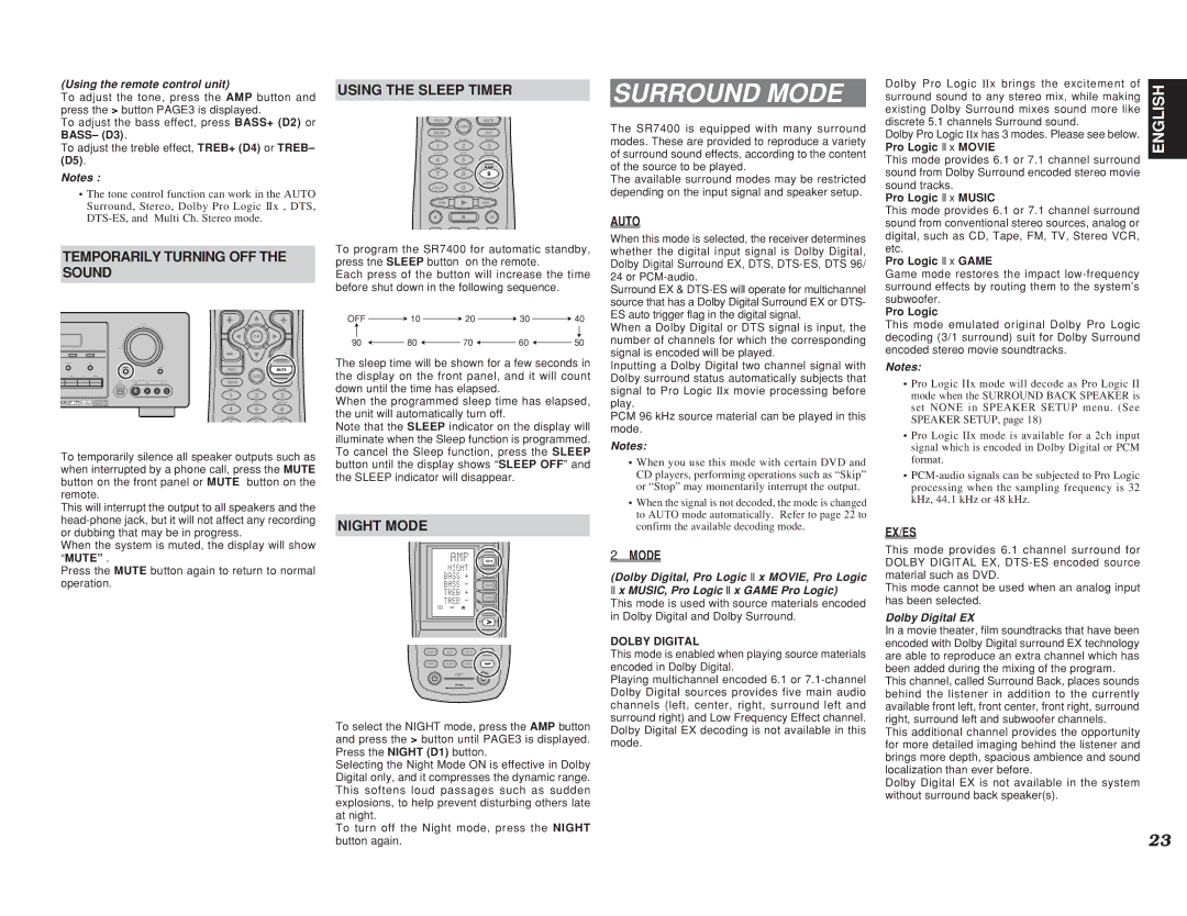 Marantz SR7400 manual Surround Mode, Temporarily Turning OFF Sound, Using the Sleep Timer, Dolby Digital EX 