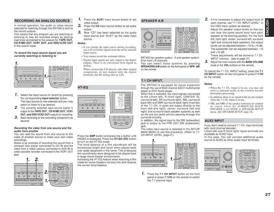 Marantz SR7400 manual Recording AN Analog Source, Speaker A/B, CH Input, Ht-Eq, AUX2 Input 