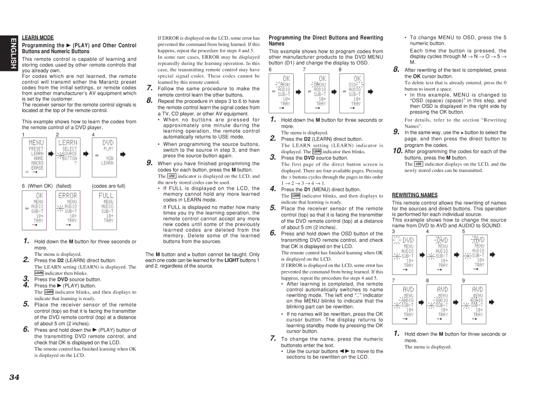 Marantz SR7400 manual This remote control is capable of learning, Storing codes used by other remote controls that 