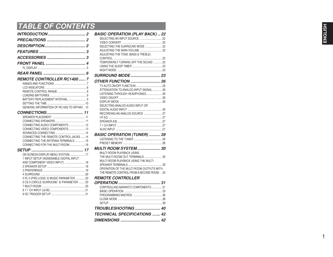 Marantz SR7400 manual Table of Contents 