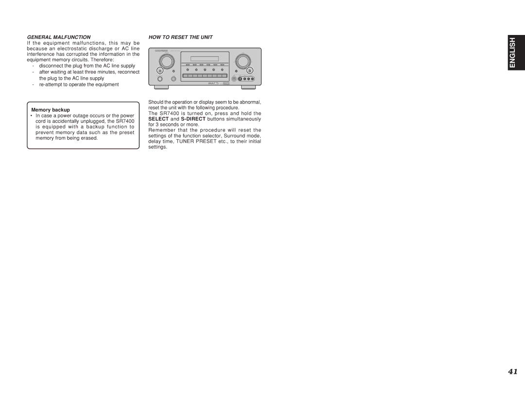 Marantz SR7400 manual General Malfunction, Memory backup 