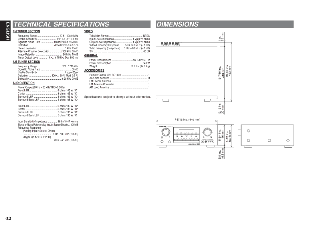 Marantz SR7400 manual Technical Specifications Dimensions 