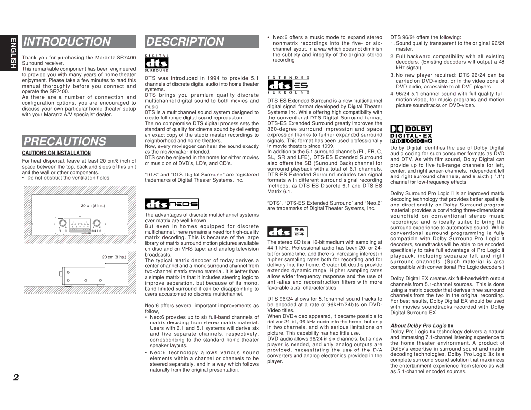 Marantz SR7400 manual Introduction, Precautions, Description, About Dolby Pro Logic 