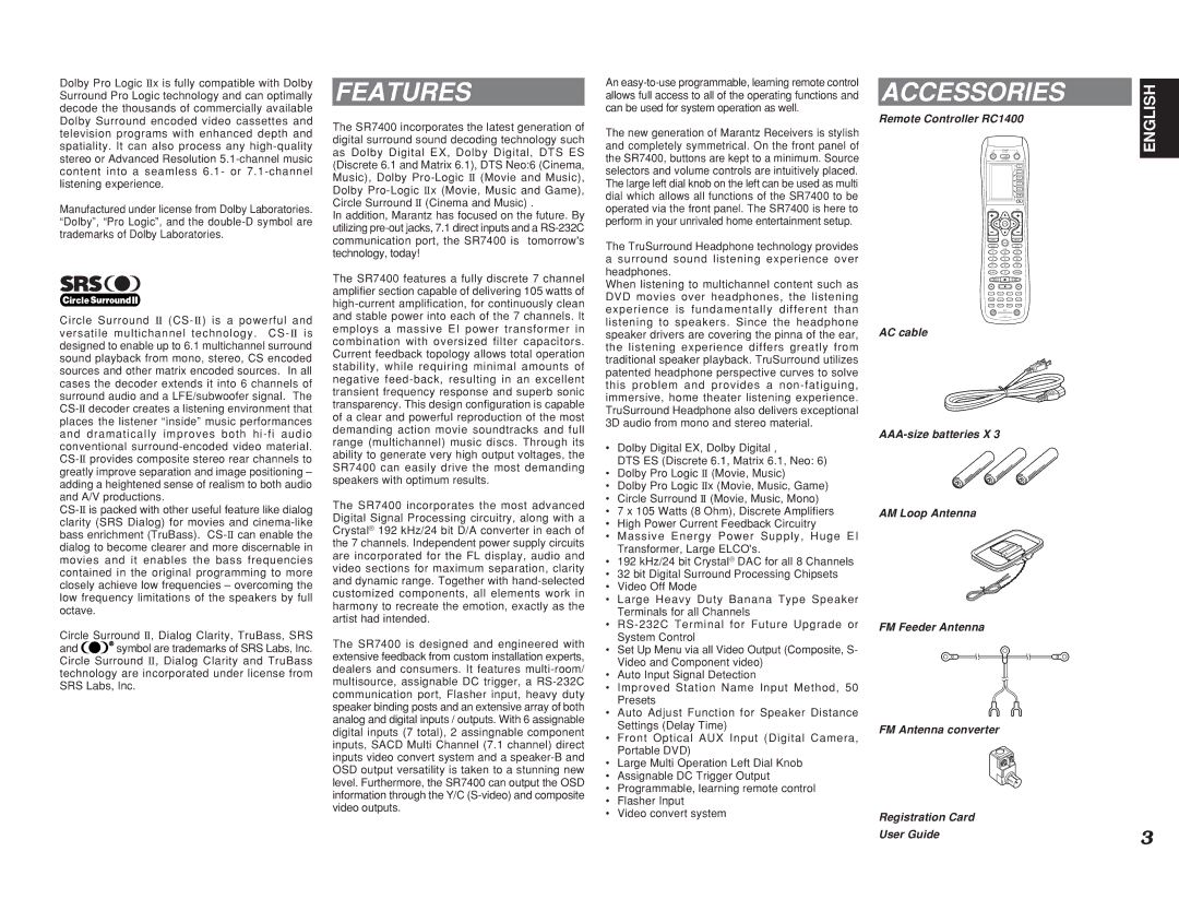 Marantz SR7400 manual Features, Accessories, Remote Controller RC1400 