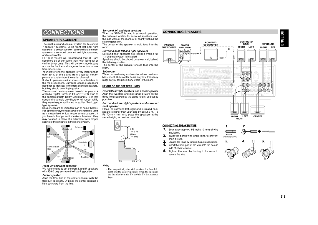 Marantz SR7400 manual Connections, Speaker Placement, Connecting Speakers 