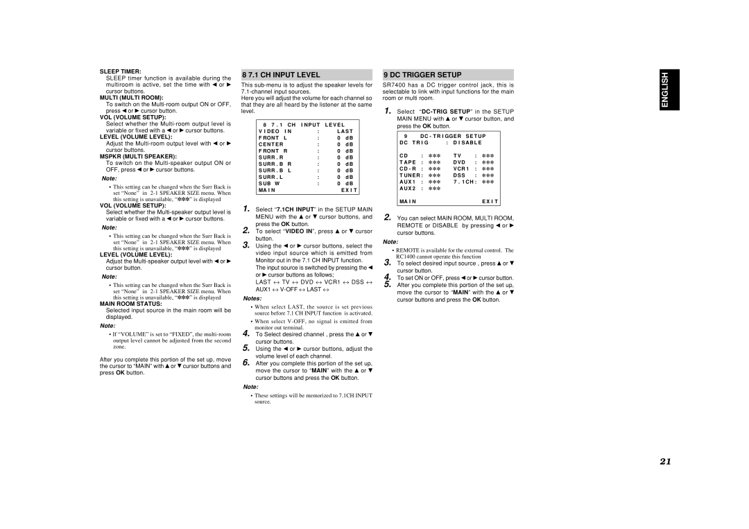 Marantz SR7400 manual CH Input Level, DC Trigger Setup 
