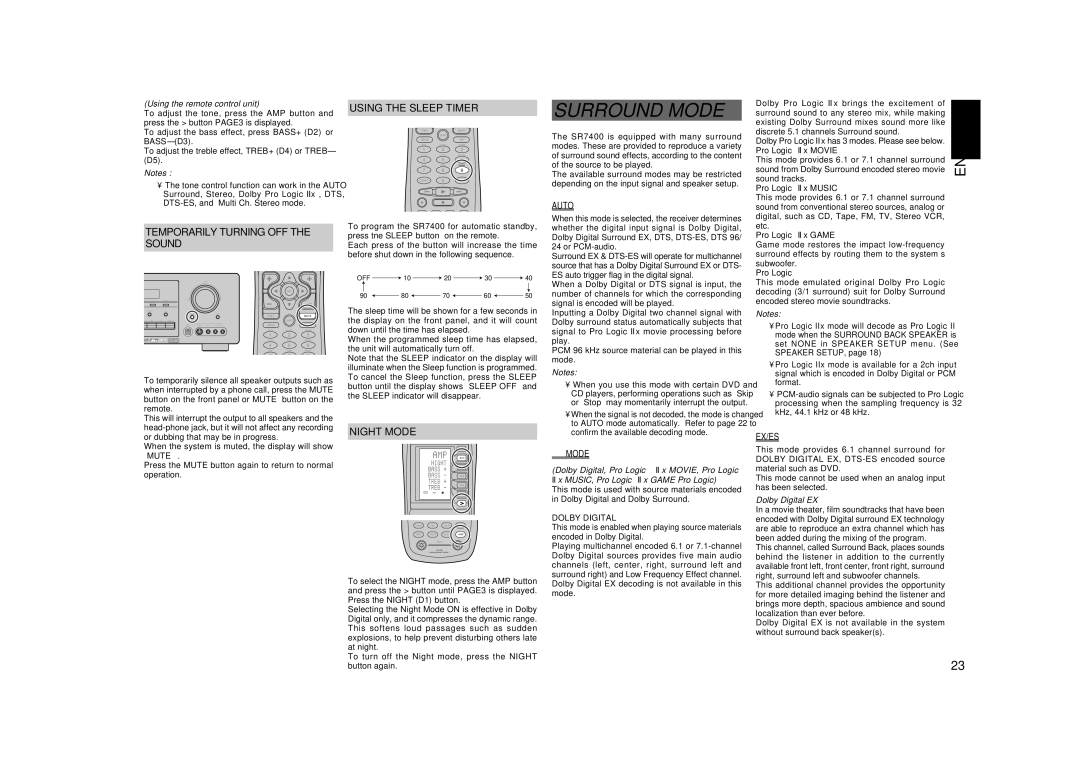 Marantz SR7400 manual Surround Mode, Temporarily Turning OFF Sound, Using the Sleep Timer, Dolby Digital EX 