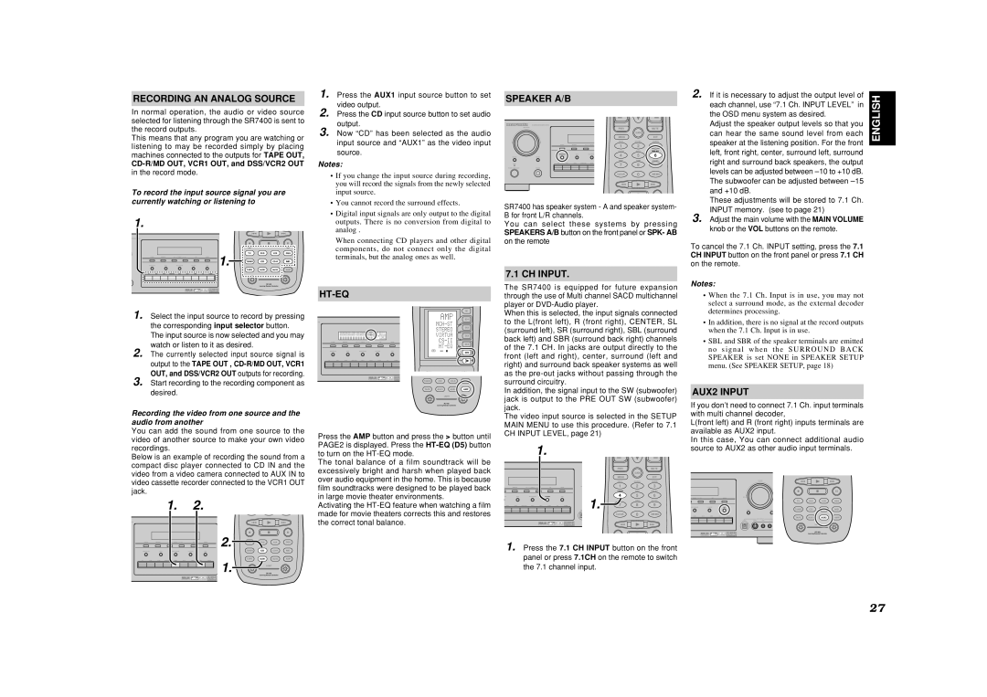 Marantz SR7400 manual Recording AN Analog Source, Speaker A/B, HT-EQ CH Input, AUX2 Input 