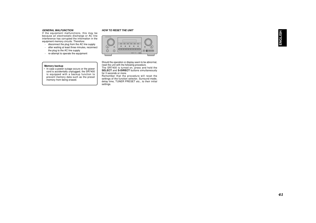 Marantz SR7400 manual General Malfunction, Memory backup 