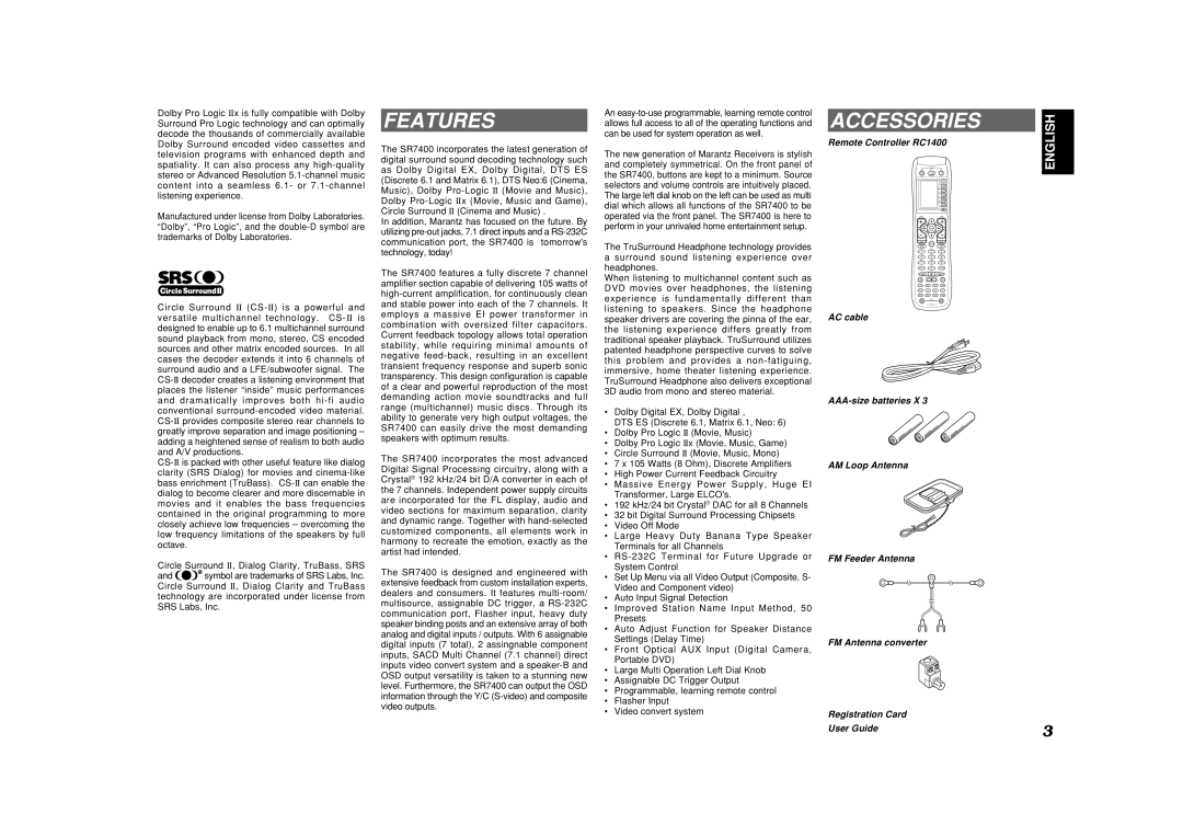 Marantz SR7400 manual Features, Accessories, Remote Controller RC1400 