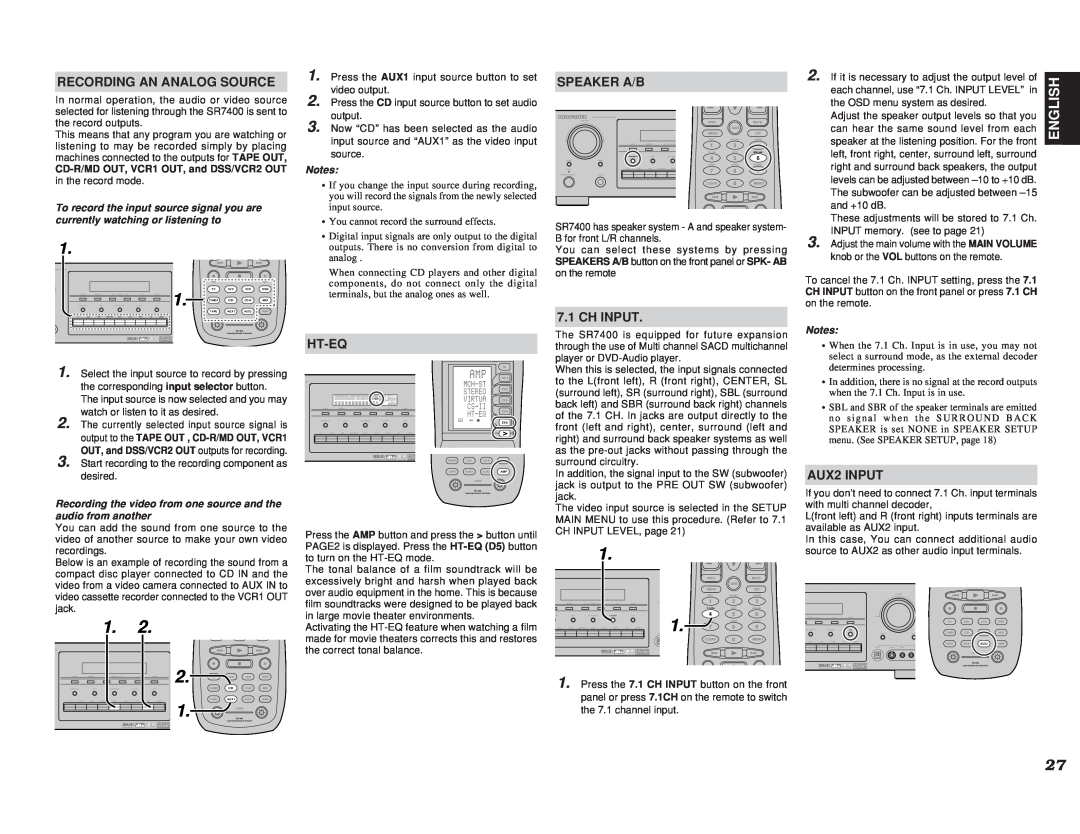 Marantz SR7400 manual Recording An Analog Source, Speaker A/B, Ch Input, Ht-Eq, AUX2 INPUT, English 