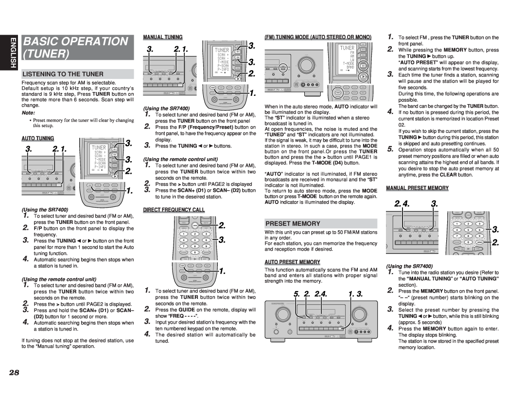 Marantz manual Basic Operation Tuner, 3.2, Listening To The Tuner, Preset Memory, English, Using the SR7400 
