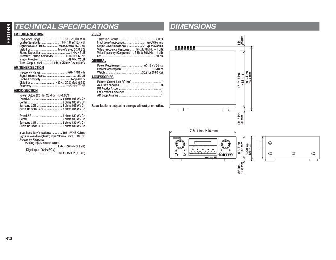Marantz SR7400 manual Technical Specifications, Dimensions, English 