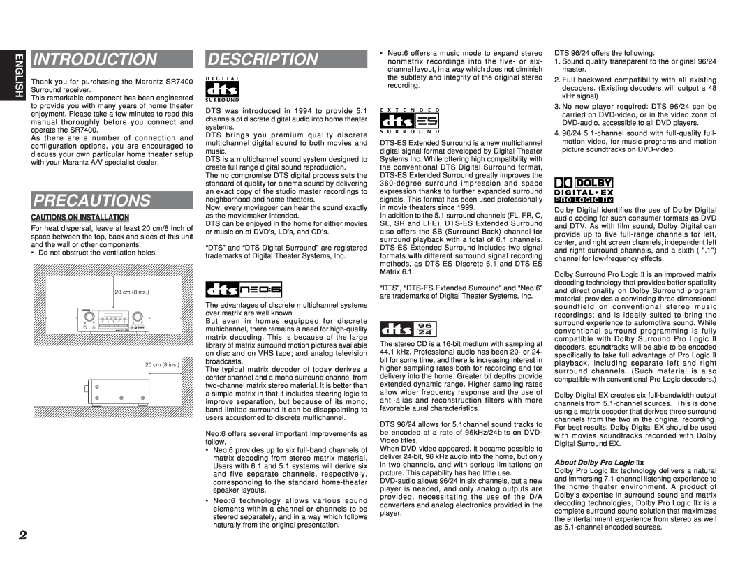 Marantz SR7400 manual Introduction, Precautions, Description, About Dolby Pro Logic 