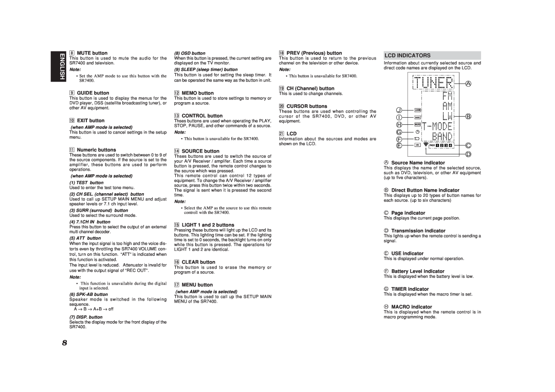 Marantz SR7400 manual Lcd Indicators, J I H G F E, English 