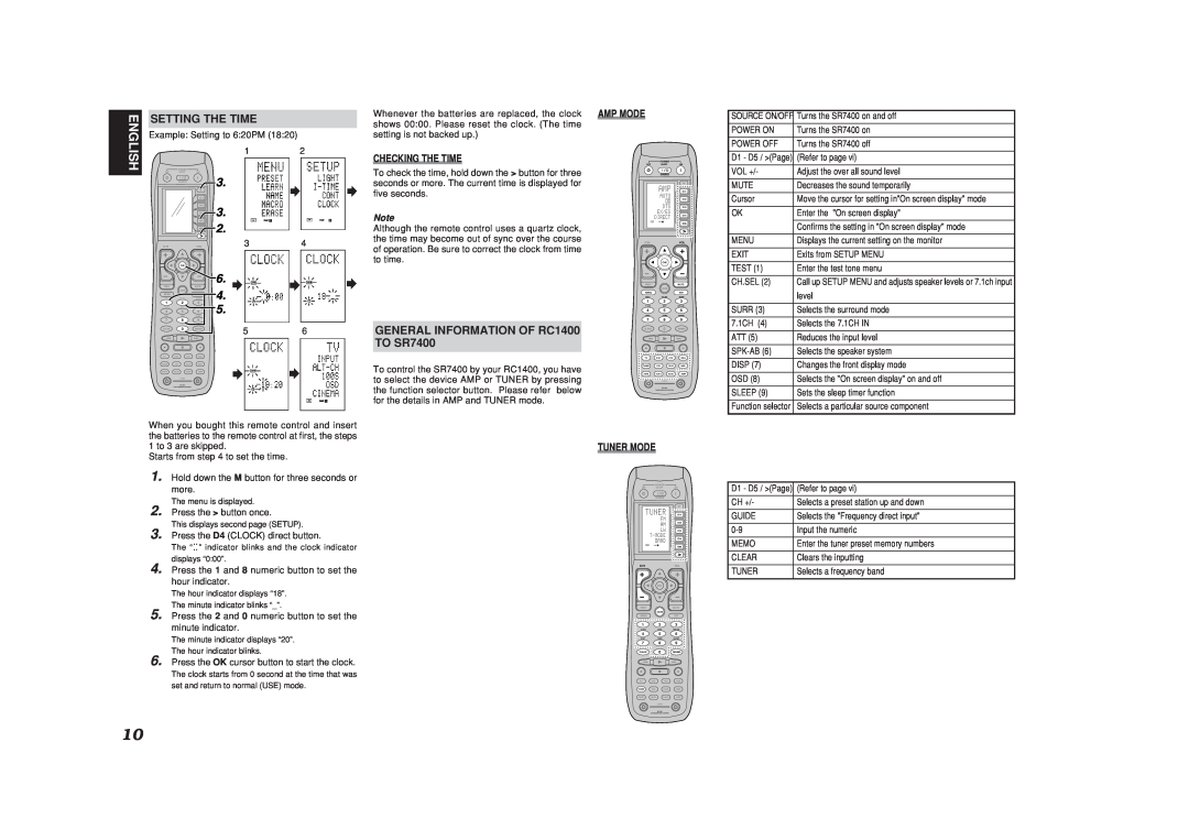 Marantz manual English, Setting The Time, GENERAL INFORMATION OF RC1400 TO SR7400 