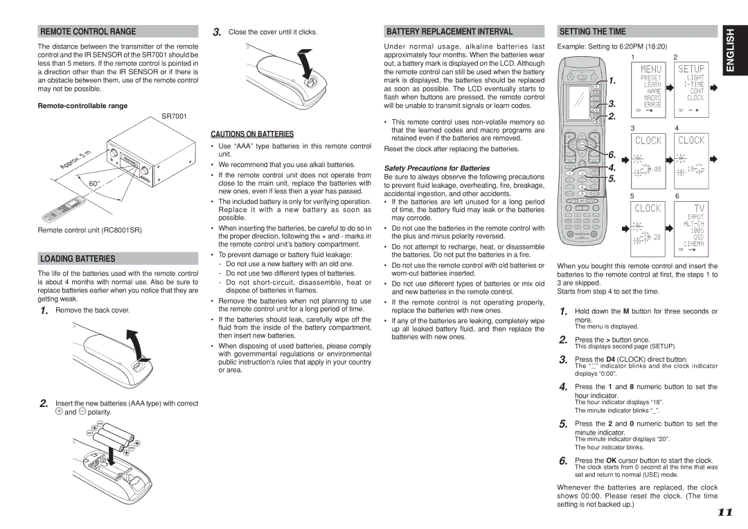 Marantz SR8001, SR7001 manual Remote Control Range, Battery Replacement Interval, Setting the Time, Loading Batteries 