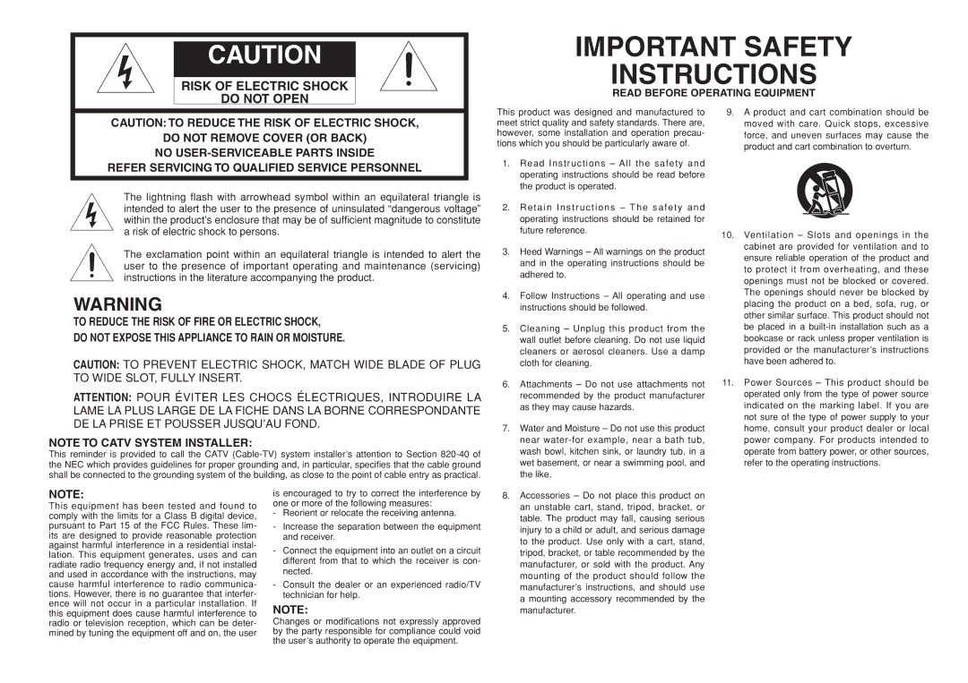 Marantz SR8001, SR7001 manual Read Before Operating Equipment 