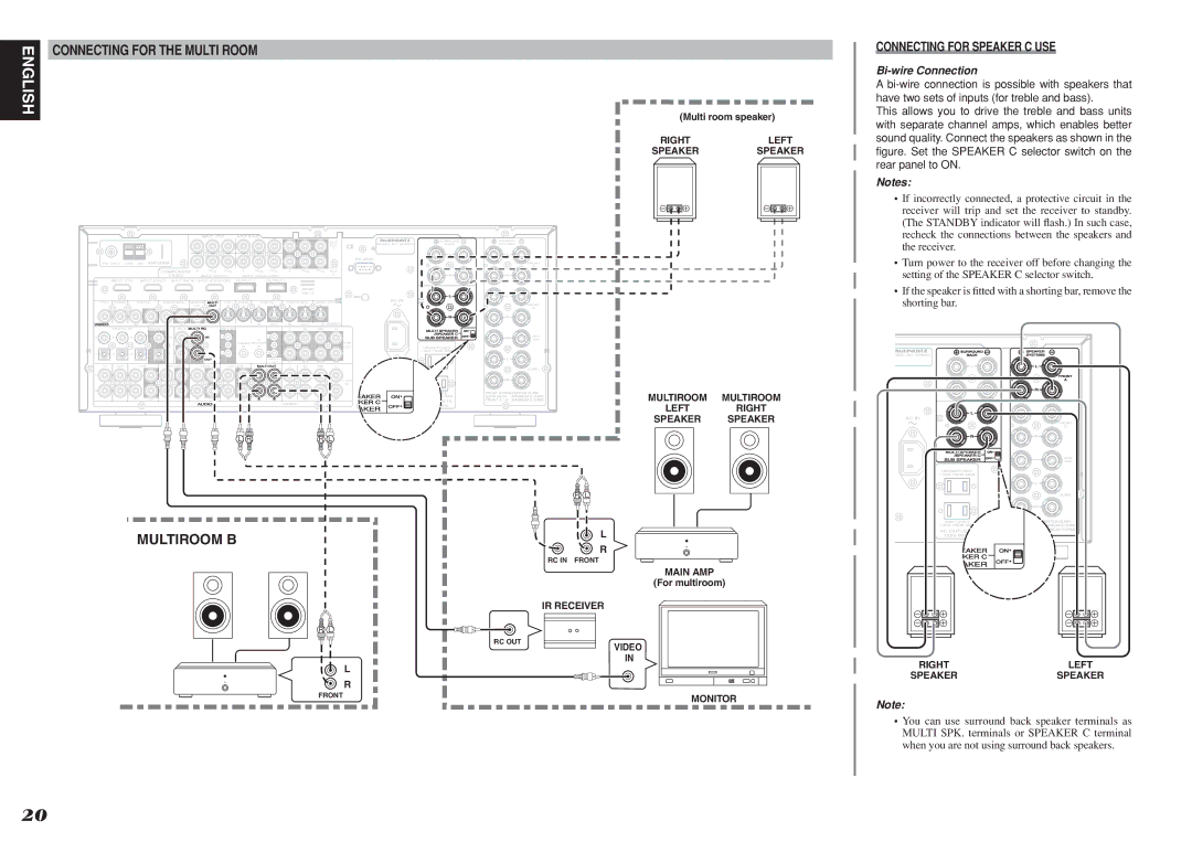 Marantz SR7001, SR8001 manual Connecting for the Multi Room, Multiroom B, Connecting for Speaker C USE, Bi-wire Connection 