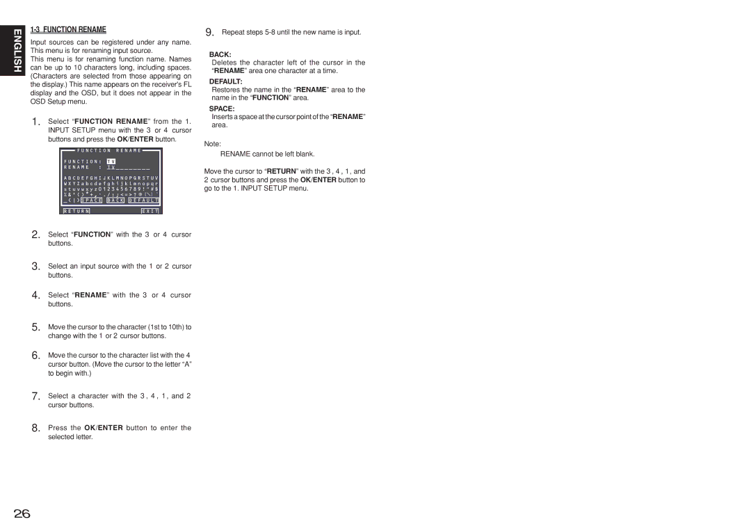 Marantz SR7001, SR8001 manual Function Rename, Back, Default, Space, Inserts a space at the cursor point of the Rename area 