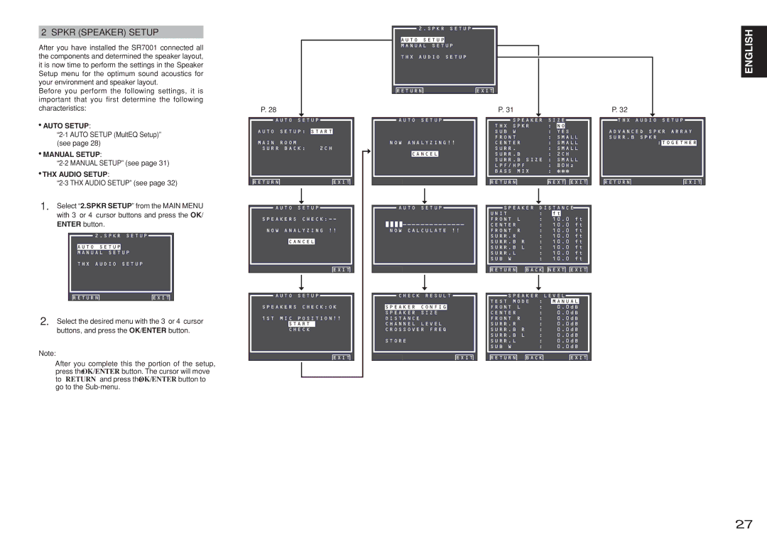 Marantz SR8001, SR7001 manual Spkr Speaker Setup, Auto Setup, Manual Setup, THX Audio Setup 