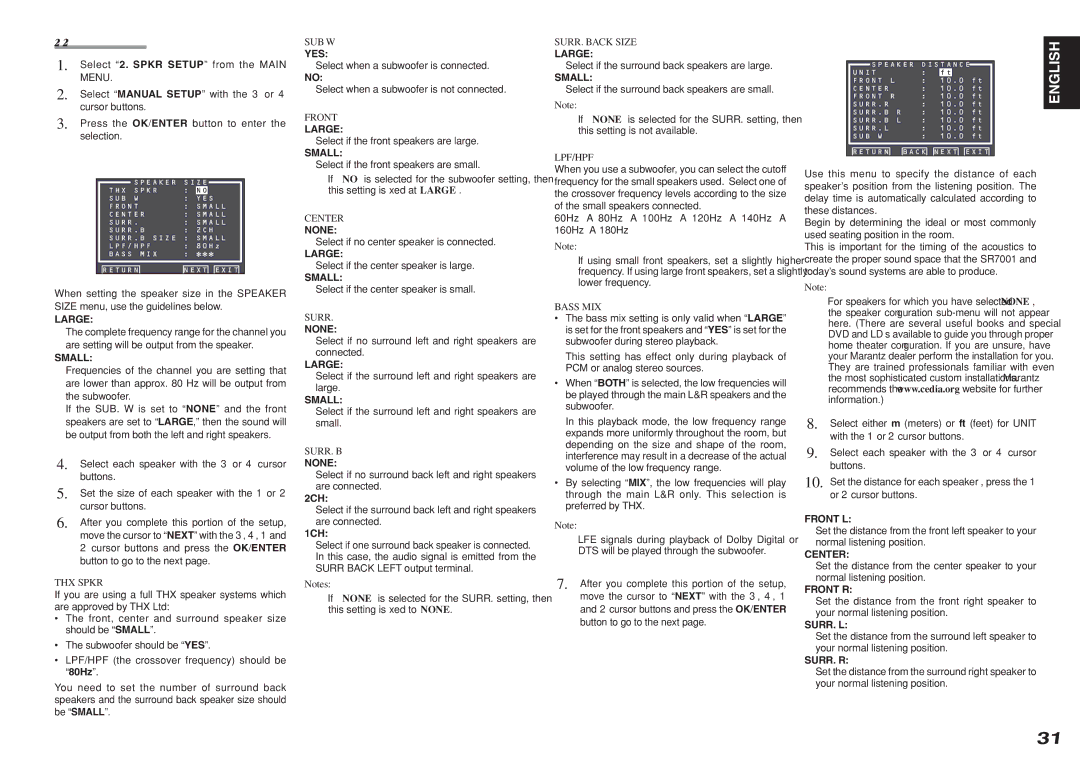 Marantz SR8001, SR7001 manual Manual Setup, Speaker Size, Speaker Distance 