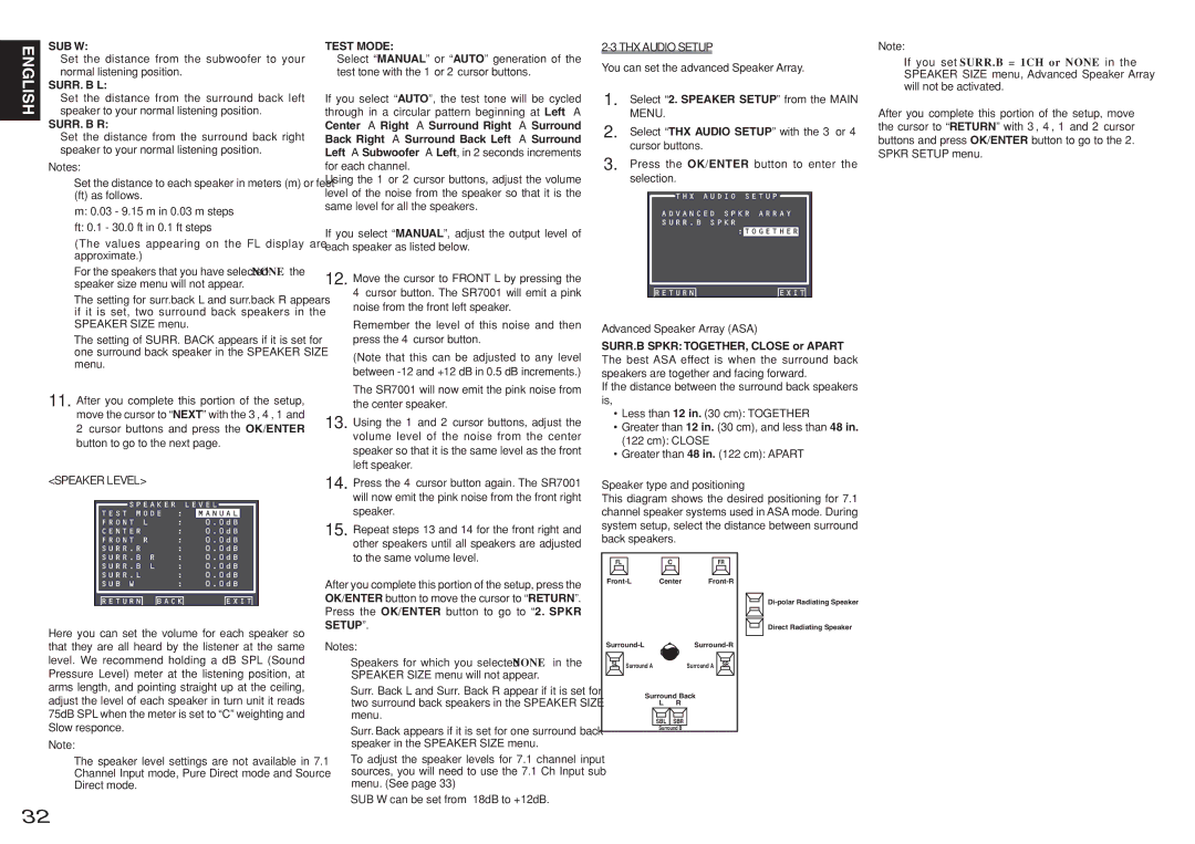 Marantz SR7001, SR8001 manual Speaker Level, THX Audio Setup, Advanced Speaker Array ASA, Speaker type and positioning 