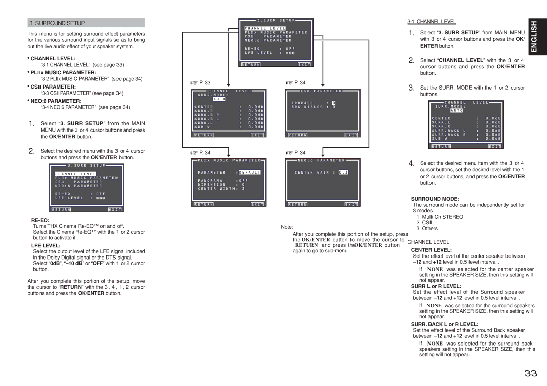 Marantz SR8001, SR7001 manual Surround Setup, Channel Level 