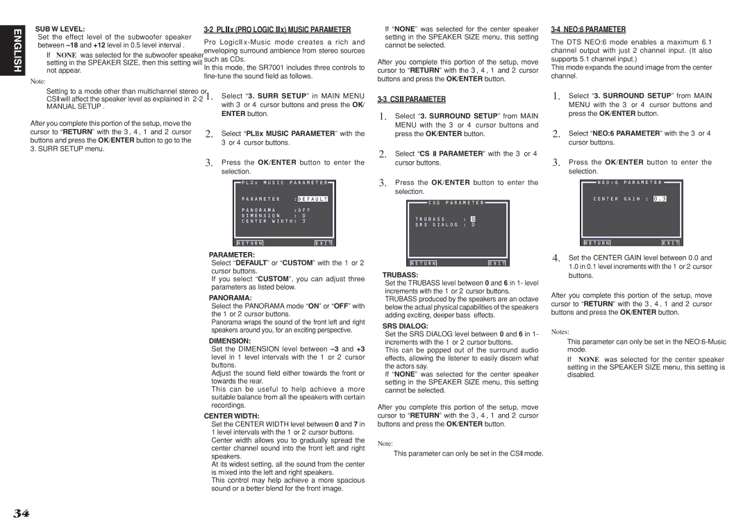 Marantz SR7001, SR8001 manual PLIIx PRO Logic IIx Music Parameter, Csiiparameter, NEO6 Parameter 