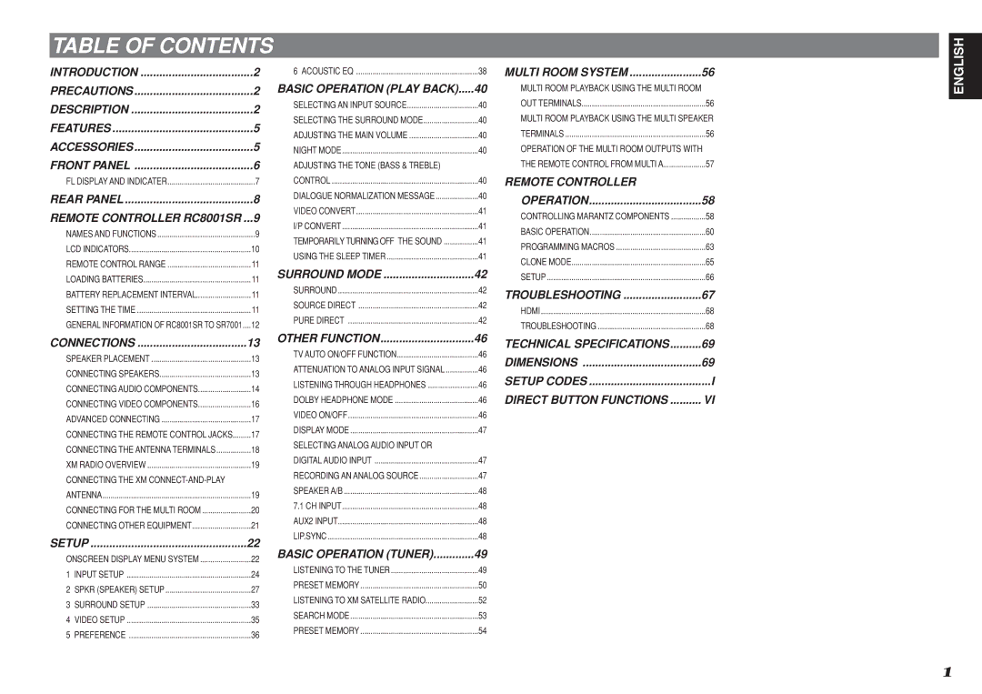 Marantz SR8001, SR7001 manual Table of Contents 