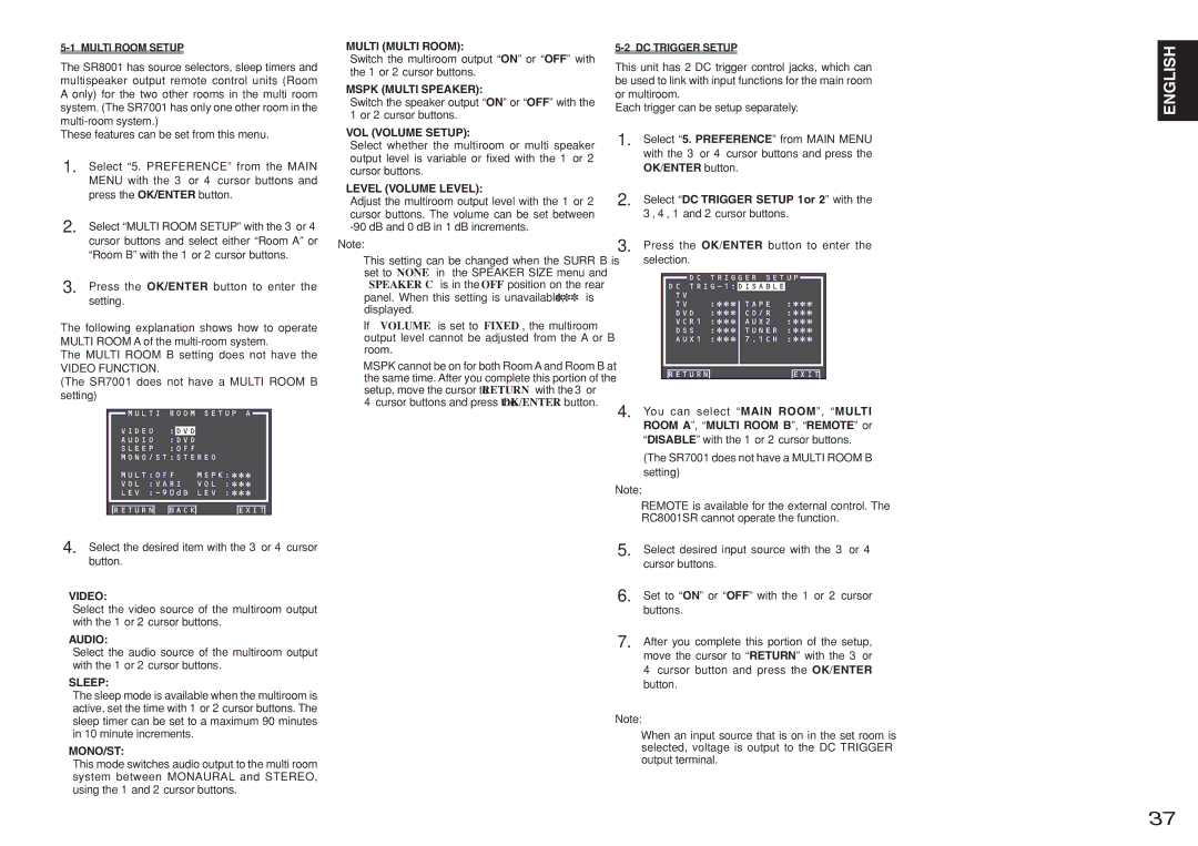 Marantz SR8001, SR7001 manual Multi Room Setup, DC Trigger Setup 