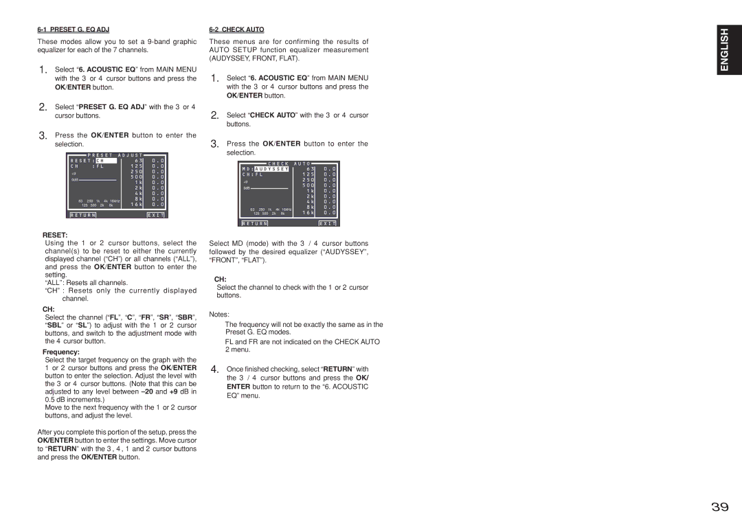 Marantz SR8001, SR7001 manual Preset G. EQ ADJ, Check Auto, Reset, Frequency 