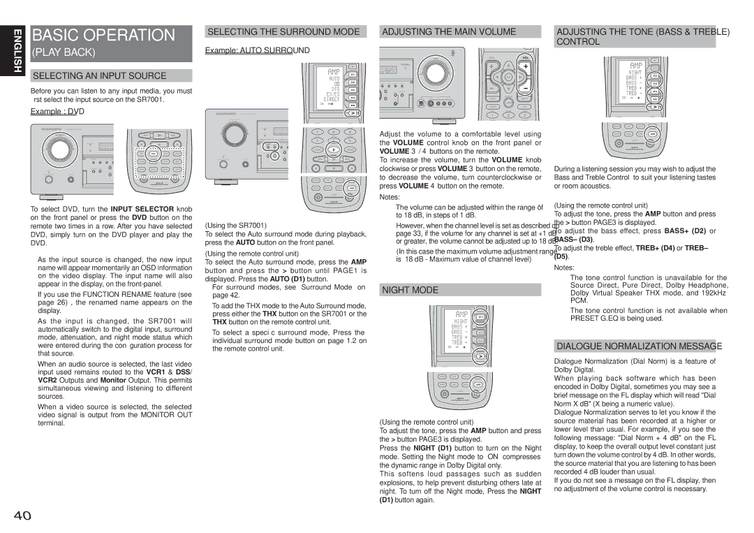 Marantz SR8001 manual Selecting the Surround Mode, Example DVD, Example Auto Surround, Using the SR7001 