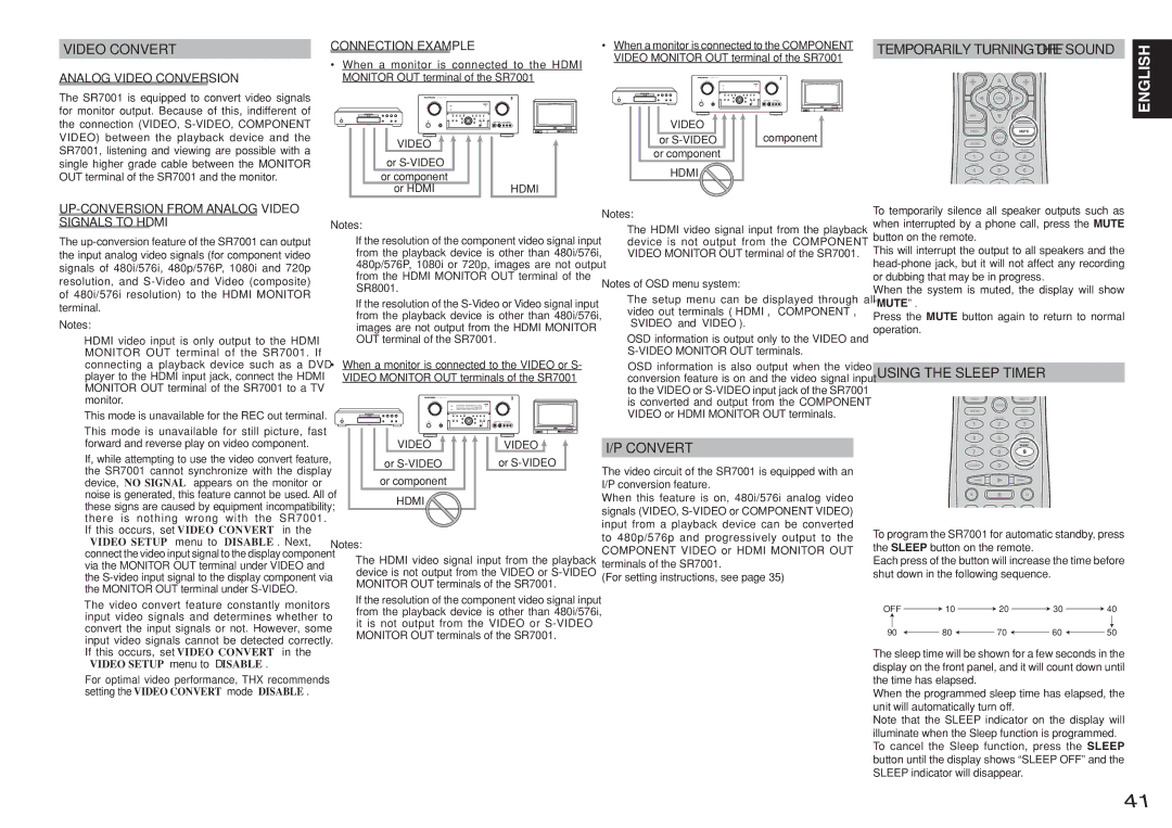 Marantz SR8001, SR7001 manual Video Convert, Using the Sleep Timer 