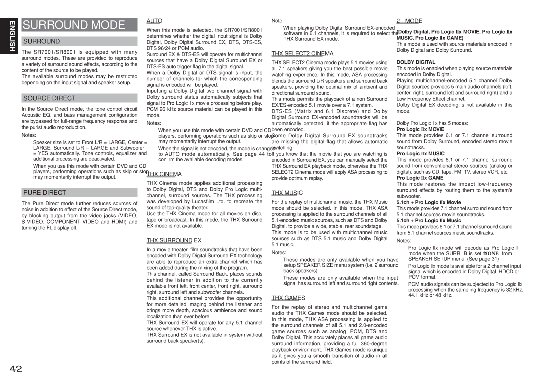 Marantz SR7001, SR8001 manual Surround Mode, Source Direct, Pure Direct 