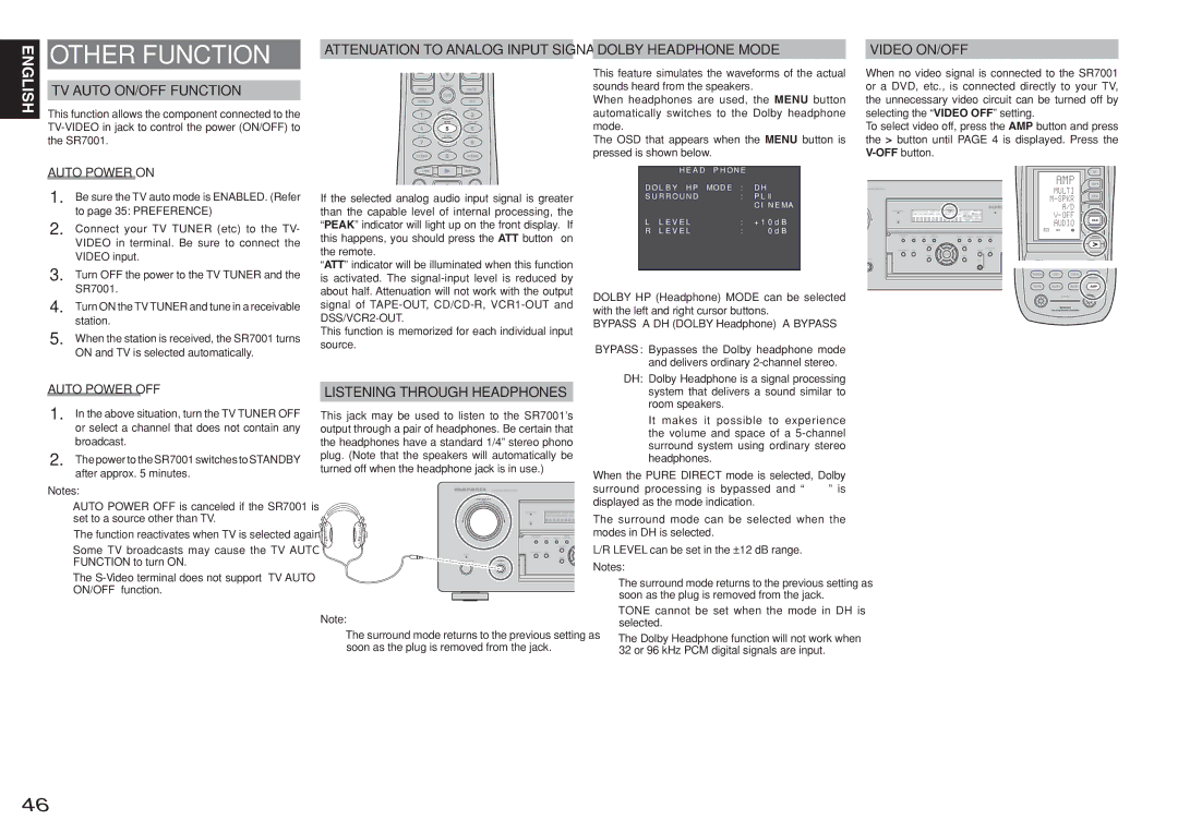 Marantz SR7001 TV Auto ON/OFF Function, Listening Through Headphones, Attenuation to Analog Input Signal, Auto Power on 