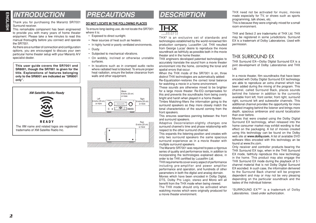 Marantz SR7001 Introduction, Precautions, Description, Do not Locate in the Following Places, XM Satellite Radio Ready 