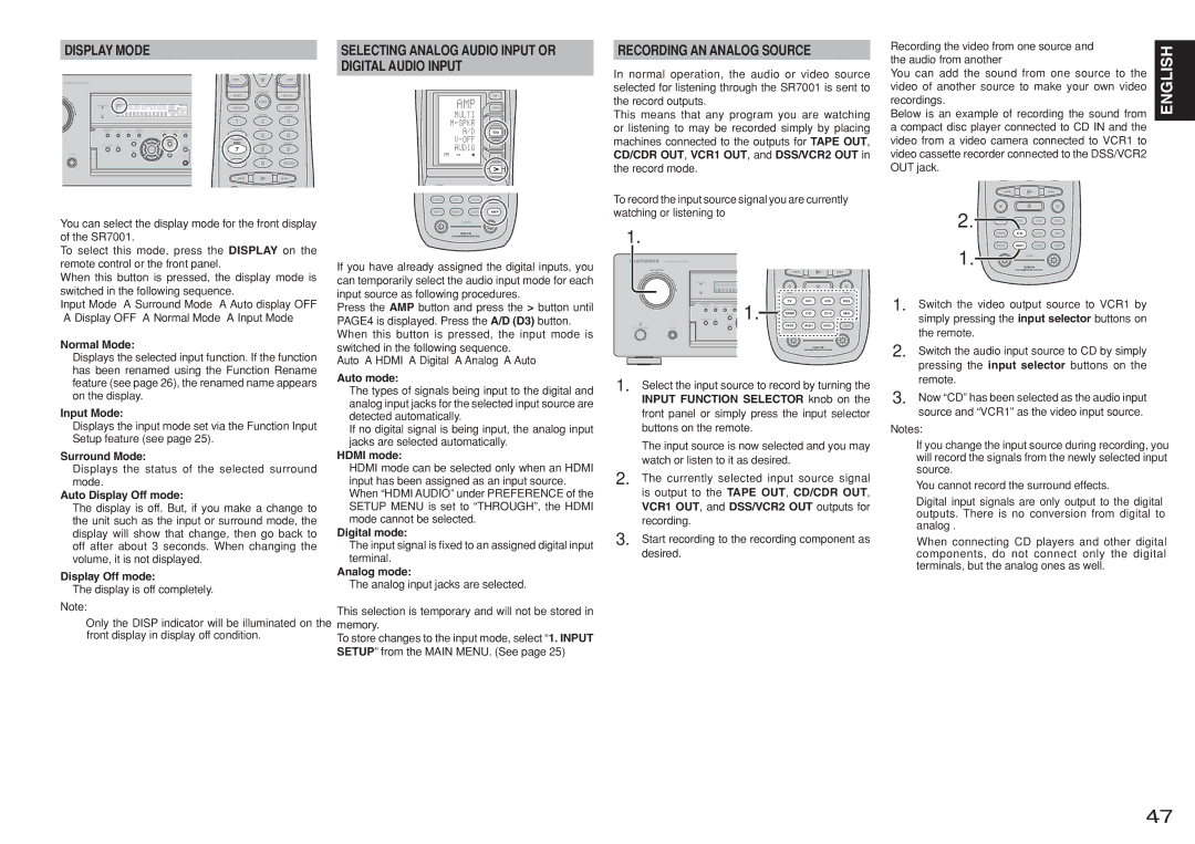 Marantz SR8001, SR7001 manual Display Mode, Selecting Analog Audio Input or Digital Audio Input, Recording AN Analog Source 