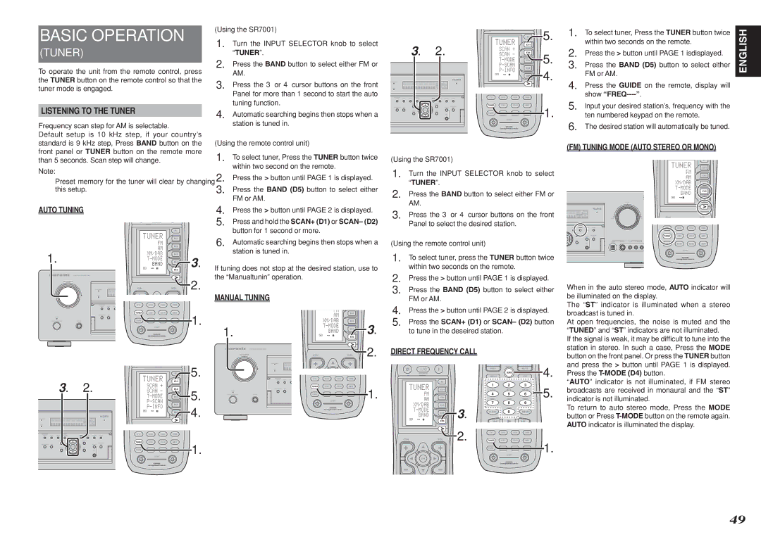 Marantz SR8001 Basic Operation, Listening to the Tuner, Auto Tuning, Manual Tuning, FM Tuning Mode Auto Stereo or Mono 