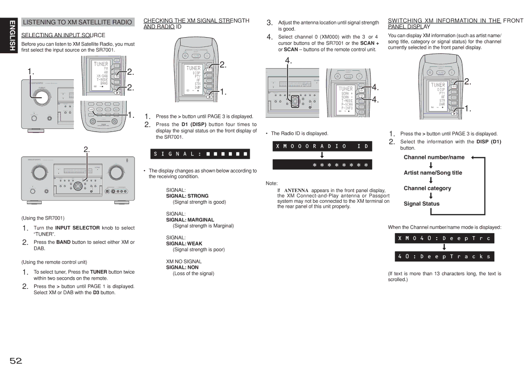 Marantz SR7001, SR8001 manual Listening to XM Satellite Radio, Selecting AN Input Source 