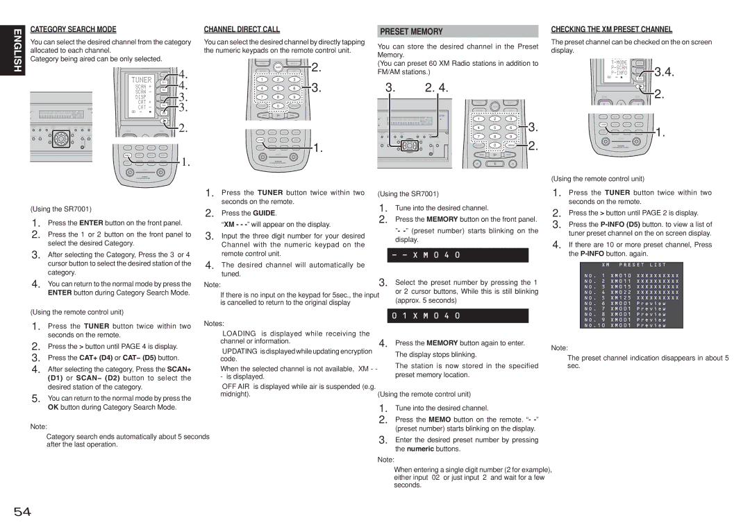 Marantz SR8001 Preset Memory, Category Search Mode, FM/AM stations, Using the SR7001 Using the remote control unit 