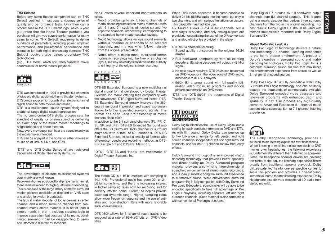 Marantz SR8001, SR7001 manual THX Select2, Neo6 offers several important improvements as follow, About Dolby Pro Logic 