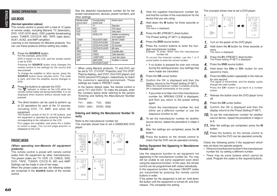 Marantz SR7001, SR8001 Basic Operation, USE Mode, Entering and Setting the Manufacturer Number Di- rectly, Preset Mode 