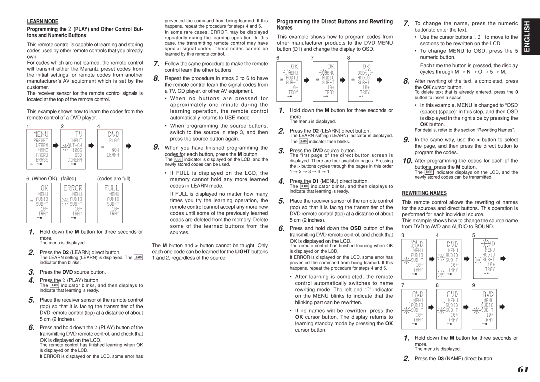 Marantz SR8001, SR7001 manual Learn Mode, Programming the Direct Buttons and Rewriting Names 