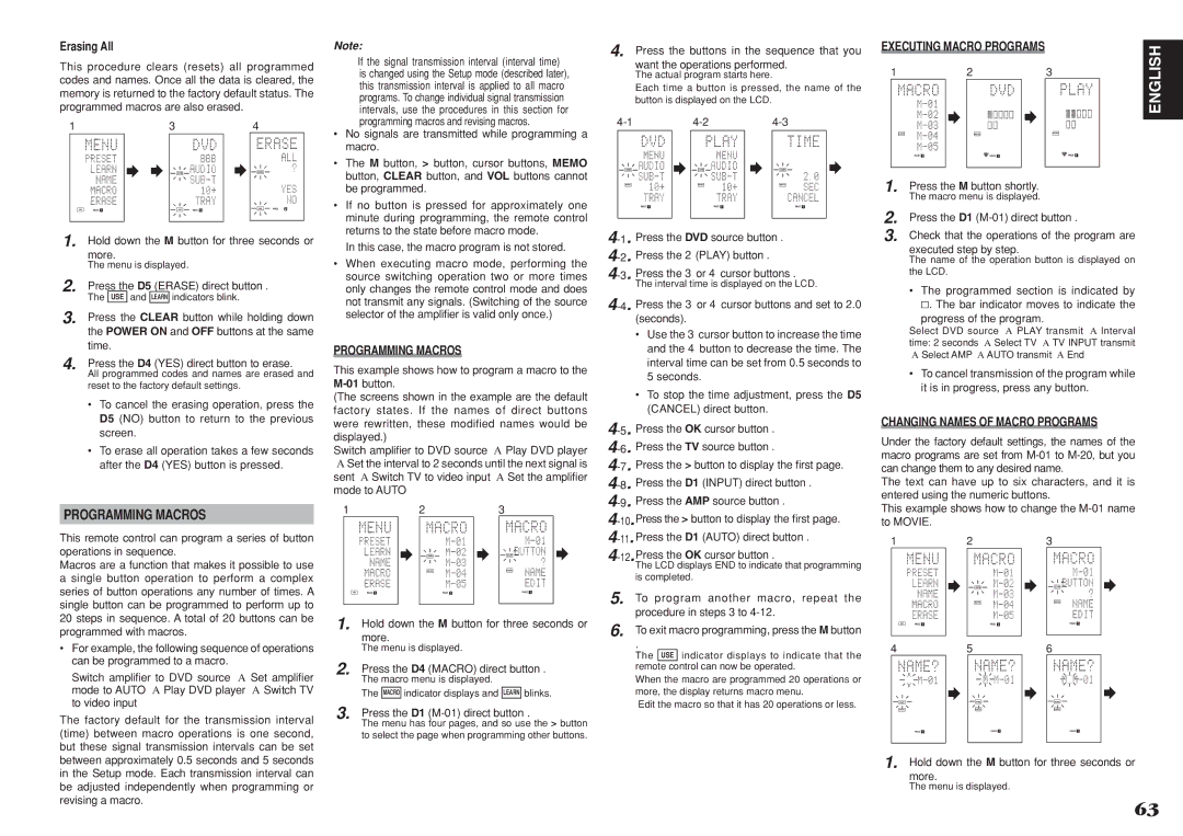 Marantz SR8001, SR7001 manual Programming Macros, Erasing All, Changing Names of Macro Programs 