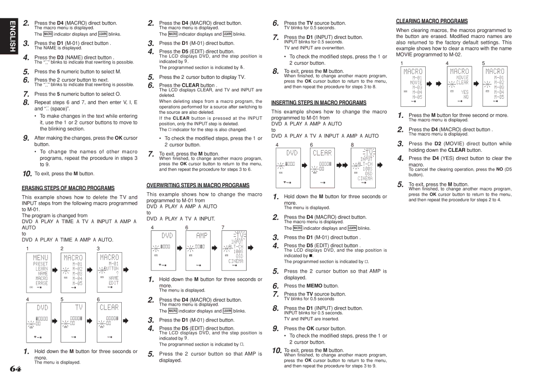 Marantz SR7001 Erasing Steps of Macro Programs, Overwriting Steps in Macro Programs, Inserting Steps in Macro Programs 