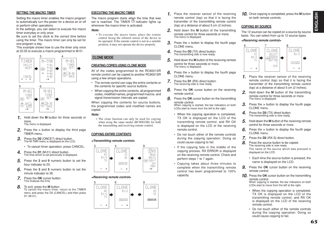 Marantz SR8001, SR7001 manual Setting the Macro Timer, Executing the Macro Timer, Creating Copies Using Clone Mode 